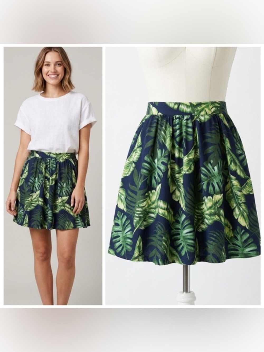 French Grey Rani Brush Tropical Monstera Palm Leaf Skirt with Pockets Size M